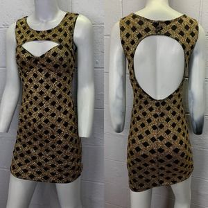 Vtg 90s Black Gold Glitter Geometric Bodycon Cut Out Peek a Boo Mini Dress SM